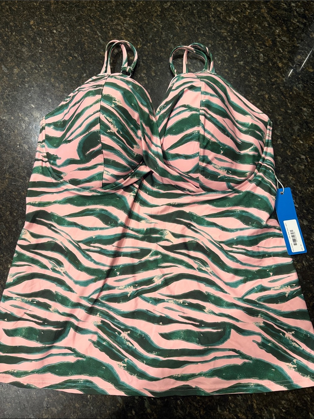 Birdsong Pink and Dark Green Zebra-Print Tankini Top Size 36I